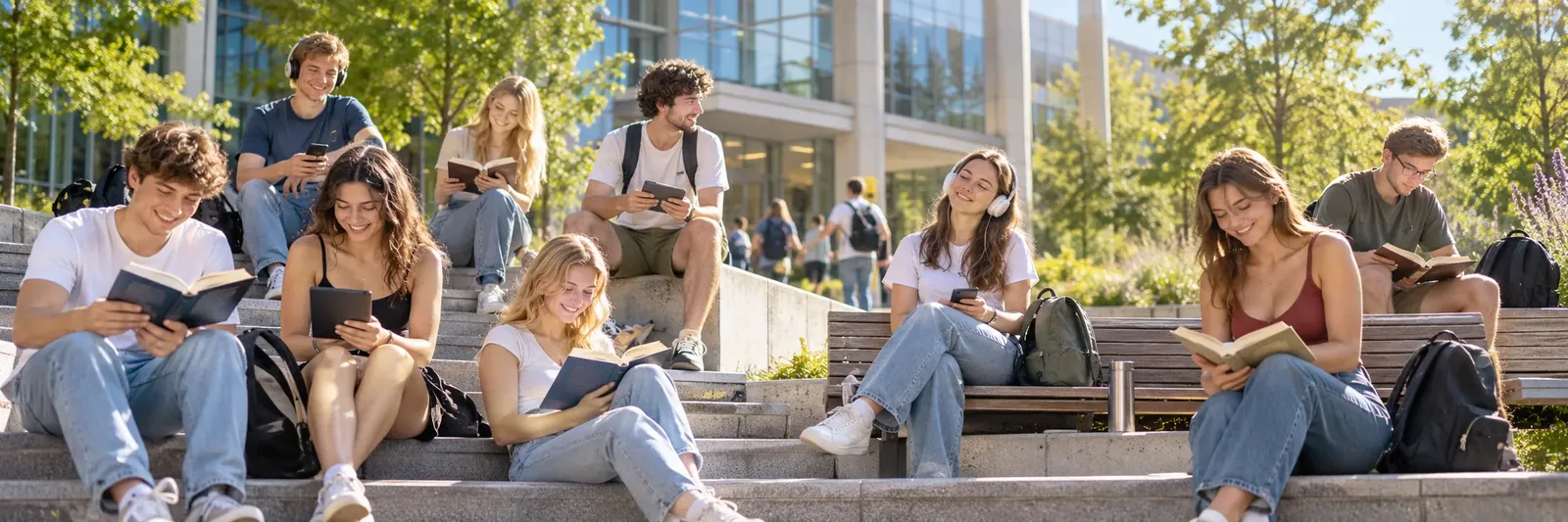 Junge Studenten lesen Bücher, eBooks und hören Hörbücher vor einer Universität