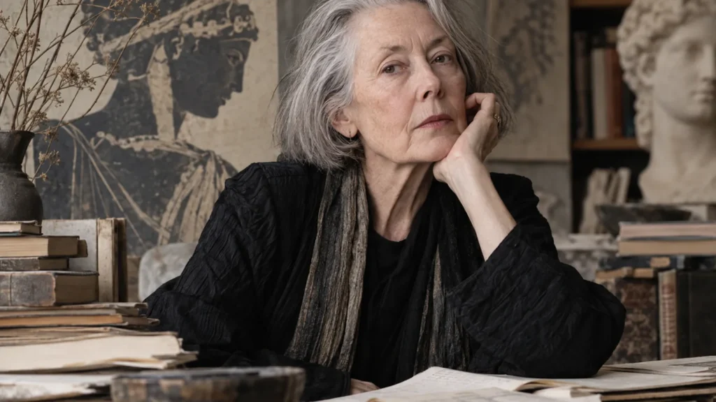 KI-Illustration: Anne Carson in einem klassisch eingerichteten Studierzimmer
